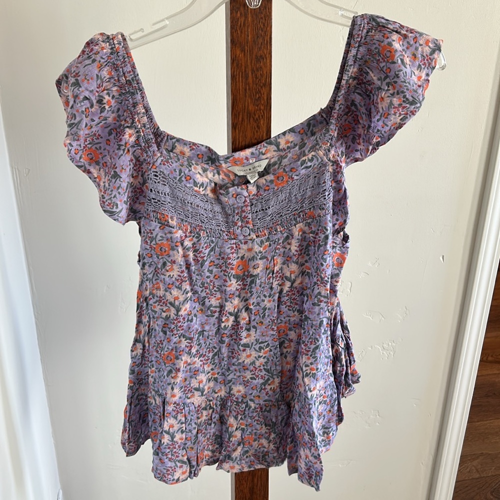 Lucky‎ Brand Phoebe Crochet Trim Floral Peasant Top Purple Women Size M NWOT